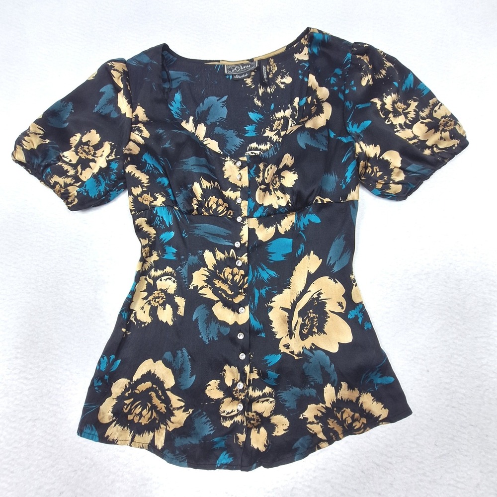 Guess Blouse Womens Small Black Floral Silk Blend Button Front Y2K Short Sleeve